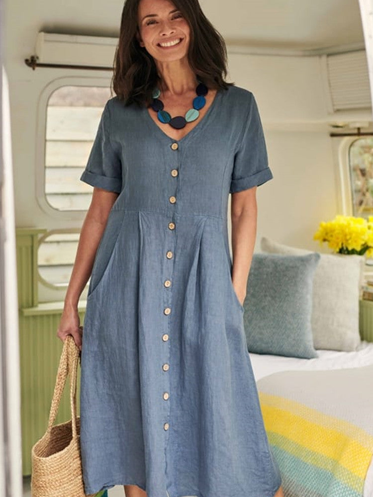V Neck Linen Button Down Midi Dress with Pocket In Denim Blue