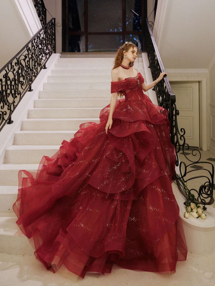 Glitter Off-Shoulder Evening Gown, Red Tulle Beaded Ball Gown Fairy Quinceanera Dress - VelvetHem