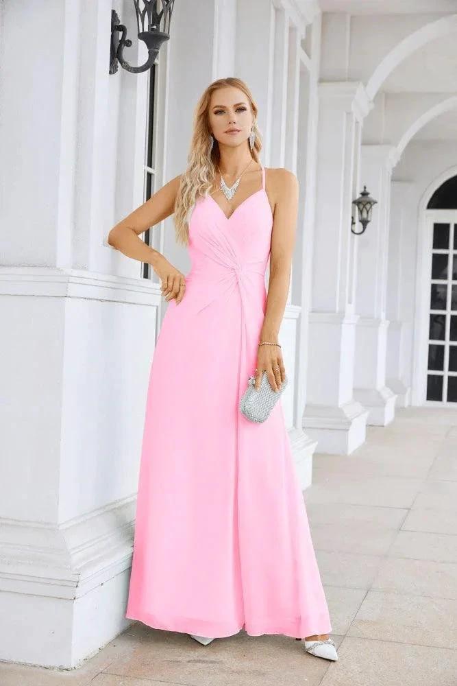 Ladies Chiffon Spaghetti Strap V Neck Front Slit Floor Length Bridesmaid Evening Dress Prom Party Wedding Evening Dress 28116 by numbersea