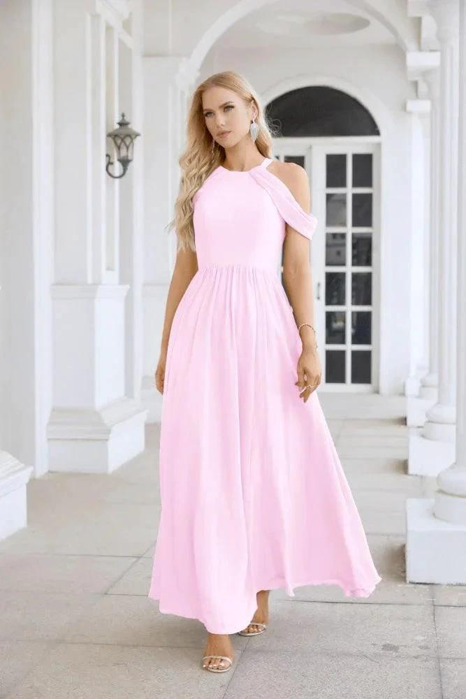 Ladies Chiffon Off Shoulder Swing Sleeve Front Slit Bridesmaid Evening Dress Wedding Party Evening Dress 28117 by numbersea