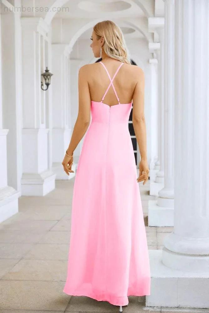 Ladies Chiffon Spaghetti Strap V Neck Front Slit Floor Length Bridesmaid Evening Dress Prom Party Wedding Evening Dress 28116 (ZD17012)