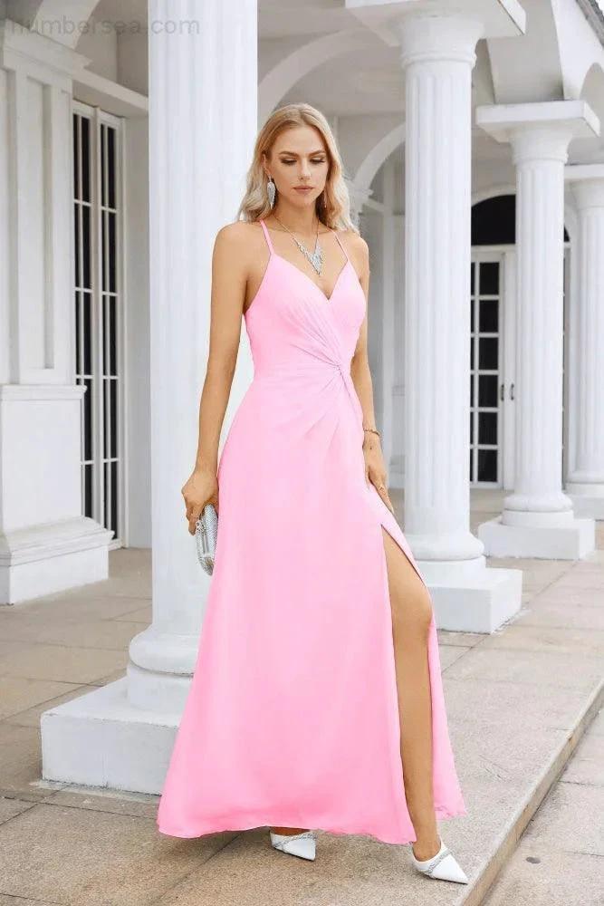 Ladies Chiffon Spaghetti Strap V Neck Front Slit Floor Length Bridesmaid Evening Dress Prom Party Wedding Evening Dress 28116 (ZD17012)
