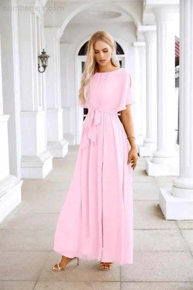 Ladies Chiffon Sleeve Crew Neck Front Slit Floor Length Bridesmaid Evening Dress Wedding Party Evening Dress 28124 (ZD17007)