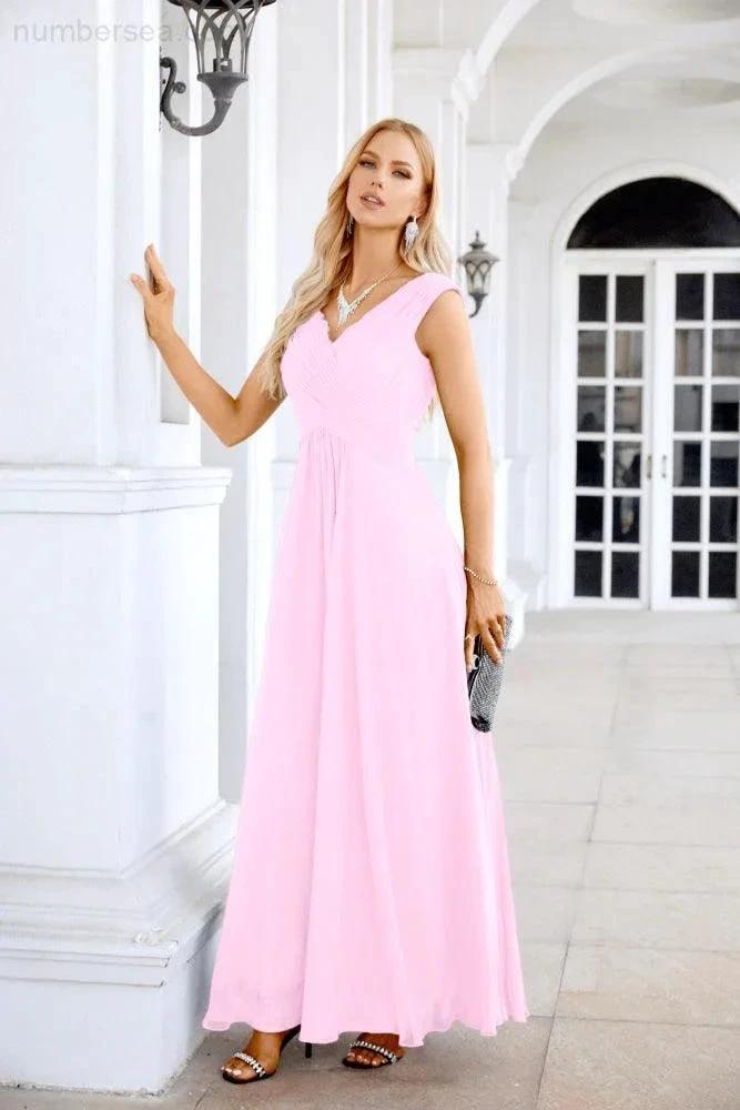 Ladies Chiffon V Neck Sleeveless Floor Length Bridesmaid Evening Dress Wedding Party Evening Dress 28126 (ZD16989)