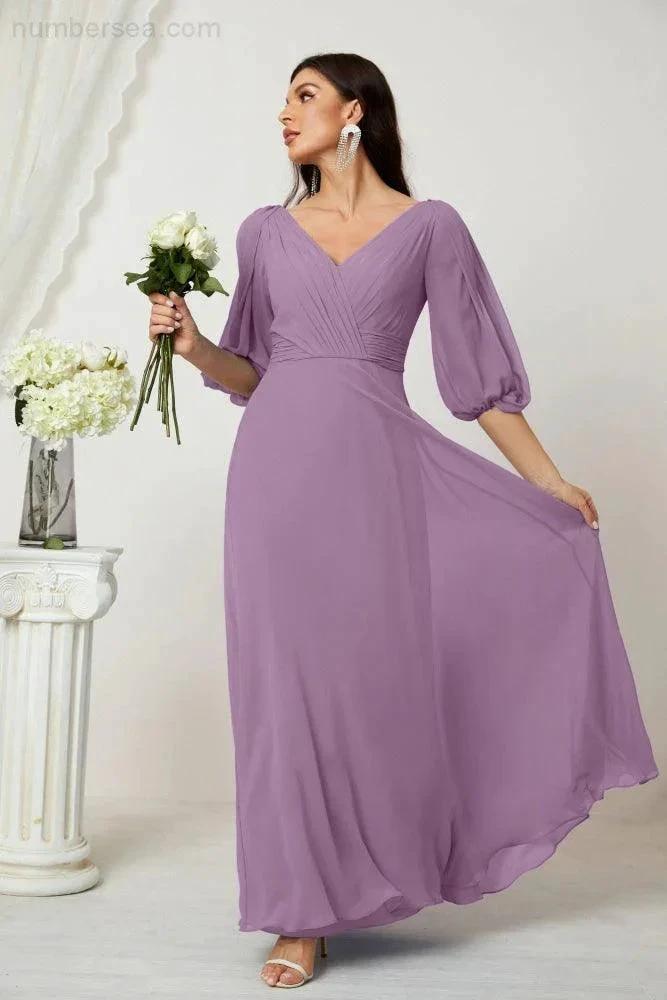 ZapDress Formal Prom Gown Women V-Neck Chiffon Bridesmaid Dresses Long Bishop Sleeve Party Dress 2807 (ZD17027)