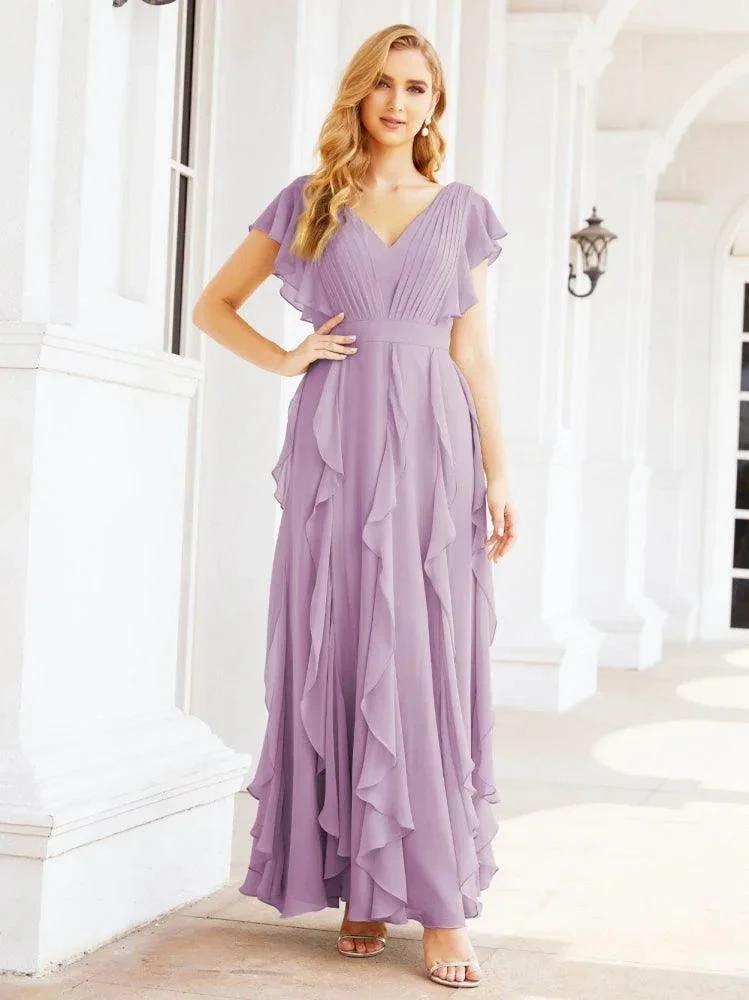 Ruffled Bridesmaid Dresses with Sleeves Long Formal Party Dress 28041 by numbersea