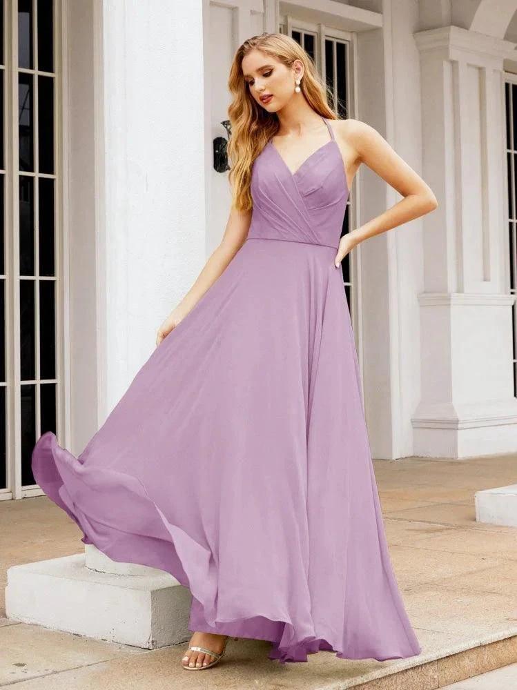 Numbersea Halter Chiffon Bridesmaid Dresses Wedding Appare Sleeveless Formal Prom Dress with Ruffled Back 28035 by numbersea