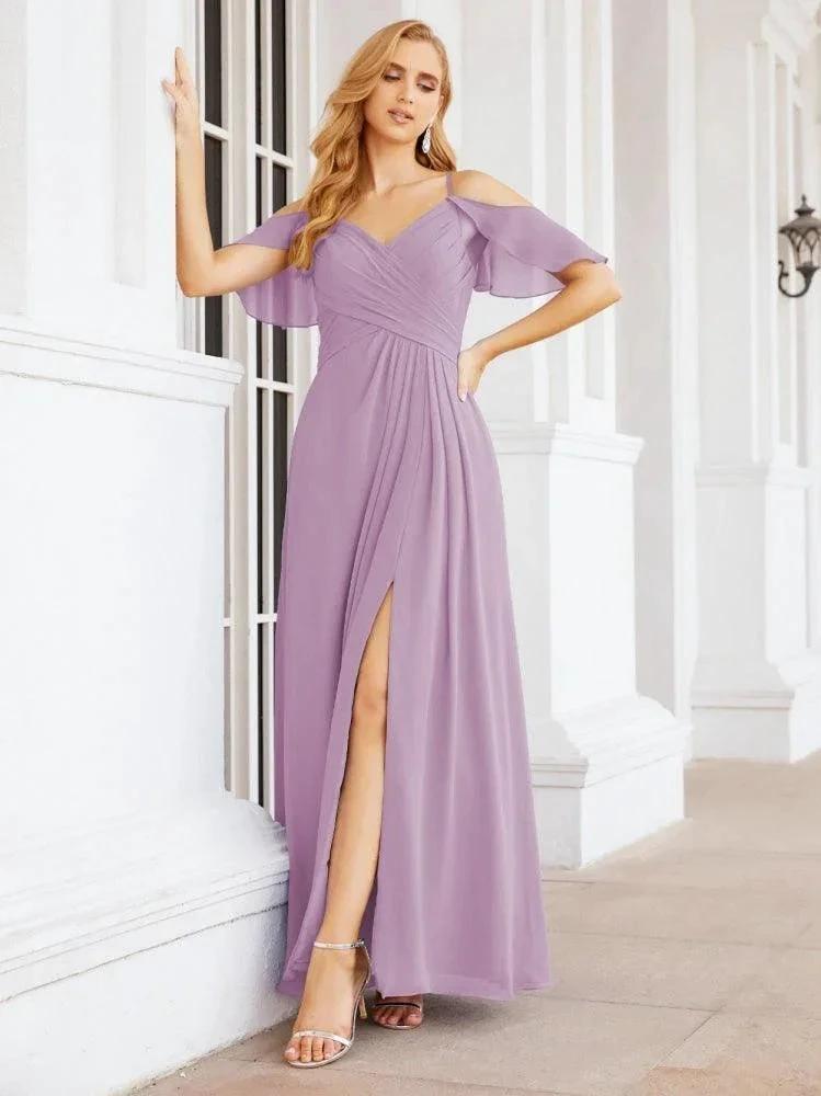 Numbersea Cold Shoulder Long Bridesmaid Dresses Side Slit Formal Prom Gowns Party Wedding 28070 by numbersea
