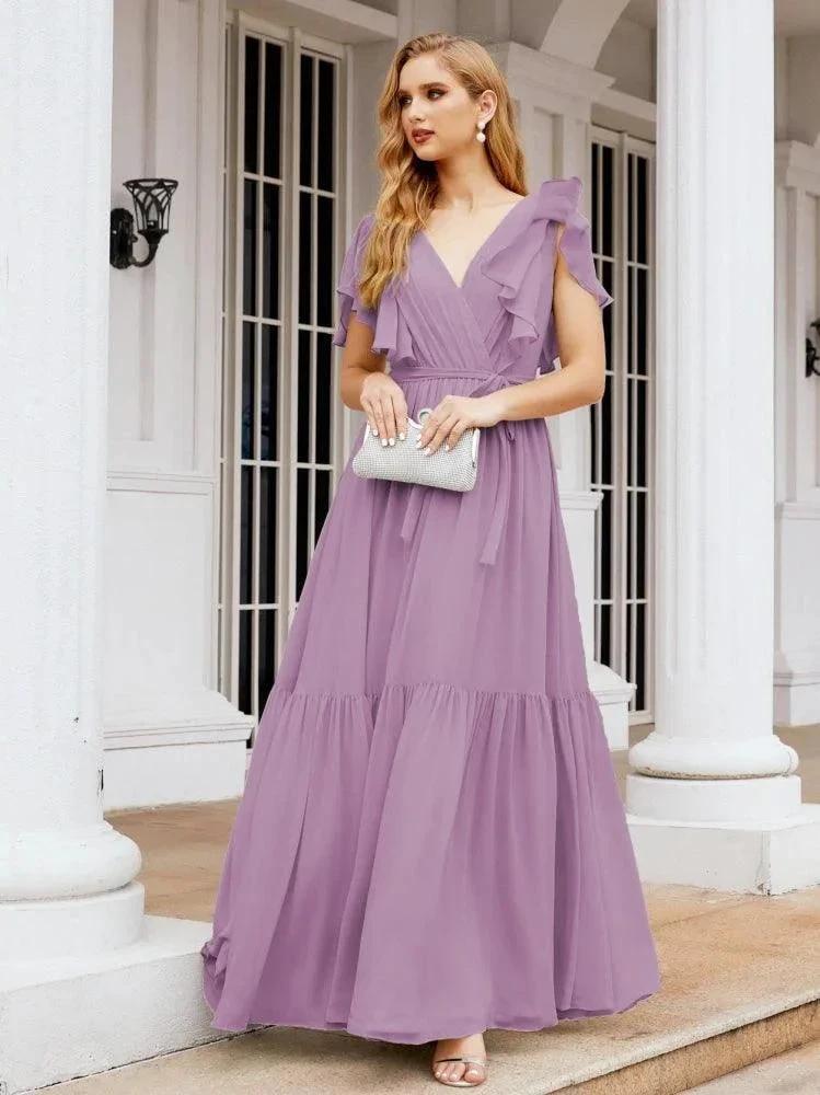 Numbersea Women's Open Back Formal Evening Party Prom Gowns V-Neck Long Chiffon Bridesmaid Dresses with Waist Belt 28038 by numbersea