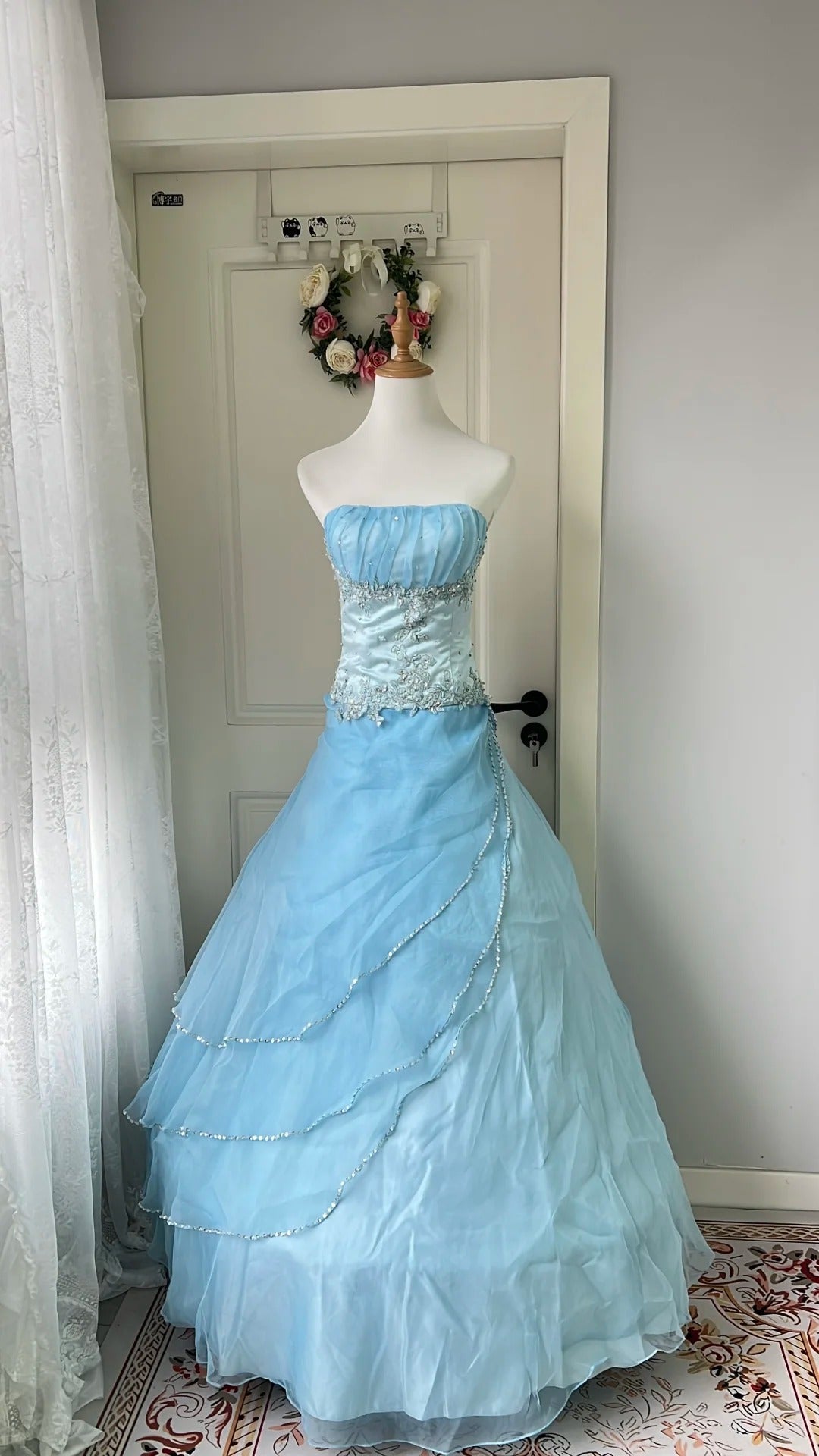 Dreamy Princess Blue Strapless Embroidered Tulle Ball Gown Evening Dress Sweet 16 Dress - VelvetHem