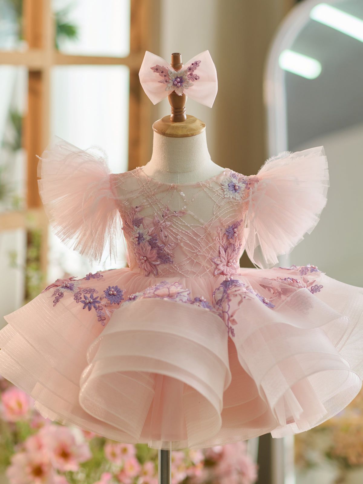 Floral Embroidery Puffy Sleeves Tulle Knee-length Baby Girl Dress - VelvetHem
