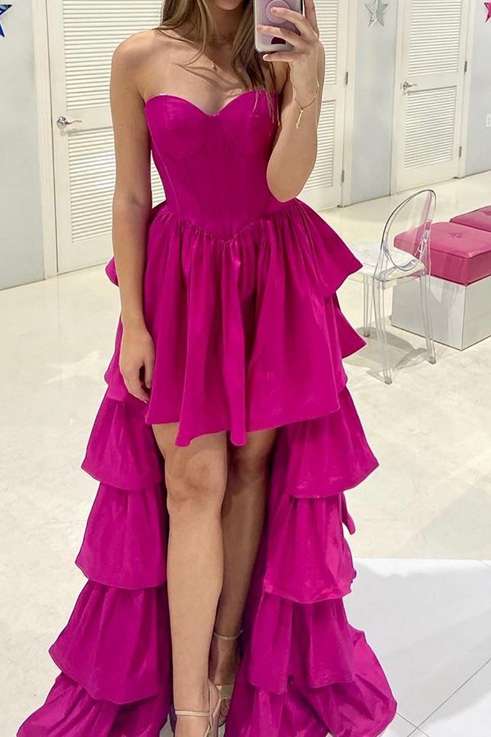 Stylish High Low Sweetheart Fuchsia Prom Dress with Ruffles - View 2 | VelvetHem