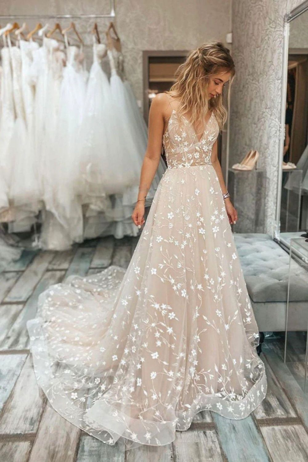 Beautiful A Line Spaghetti Straps Light Champagne Wedding Dress - View 2 | VelvetHem