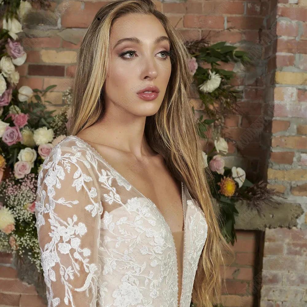 Light Champagne Modern Wedding Dresses Backless Applique Bride Gowns A-Line Tulle V-Neck Long Sleeves vestido de noiva (ZD13386)
