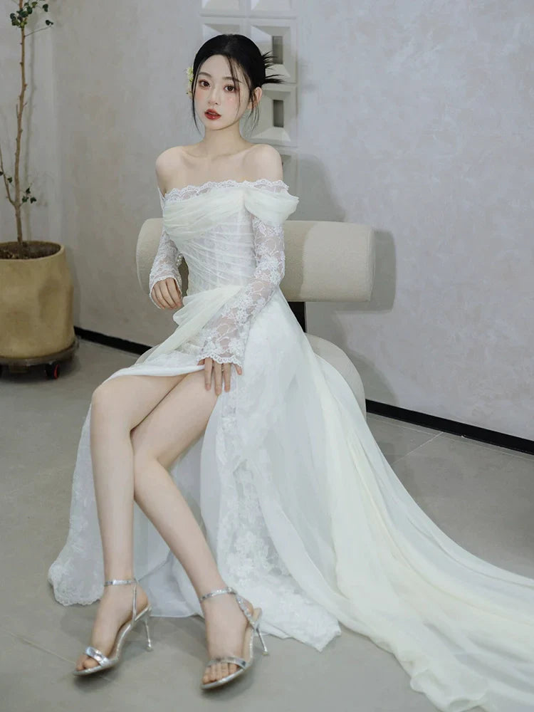 Off Shoulder Lace Long Wedding Dress Evening Party Dresses