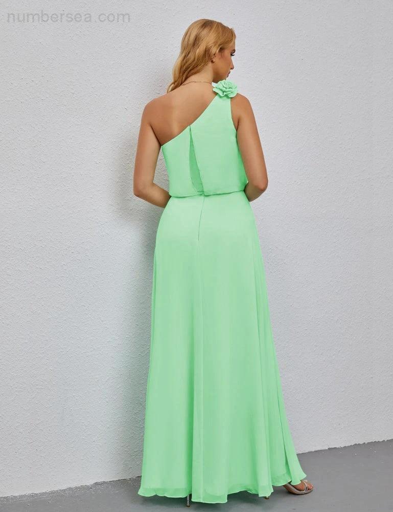 Ruffled One Shoulder Sleeveless Long Bridesmaid Dresses A-line Formal Evening Gown Side Split 28080 (ZD17018)