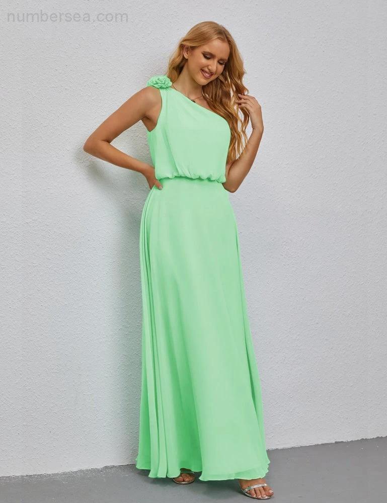 Ruffled One Shoulder Sleeveless Long Bridesmaid Dresses A-line Formal Evening Gown Side Split 28080 (ZD17018)