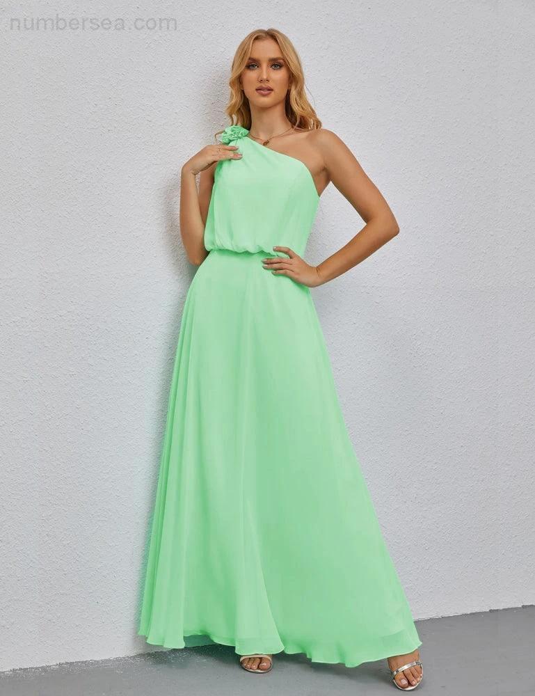 Ruffled One Shoulder Sleeveless Long Bridesmaid Dresses A-line Formal Evening Gown Side Split 28080 (ZD17018)