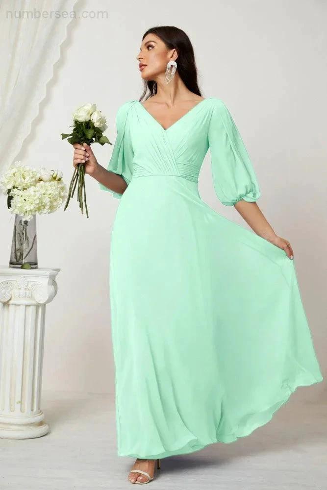 ZapDress Formal Prom Gown Women V-Neck Chiffon Bridesmaid Dresses Long Bishop Sleeve Party Dress 2807 (ZD17027)