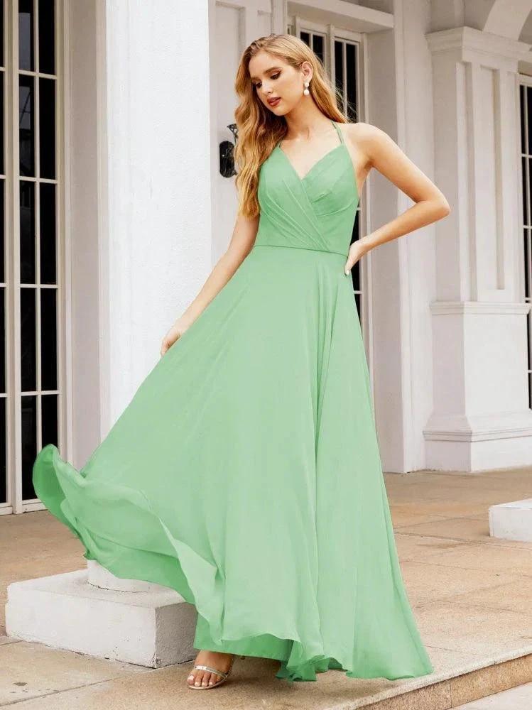 Numbersea Halter Chiffon Bridesmaid Dresses Wedding Appare Sleeveless Formal Prom Dress with Ruffled Back 28035 by numbersea
