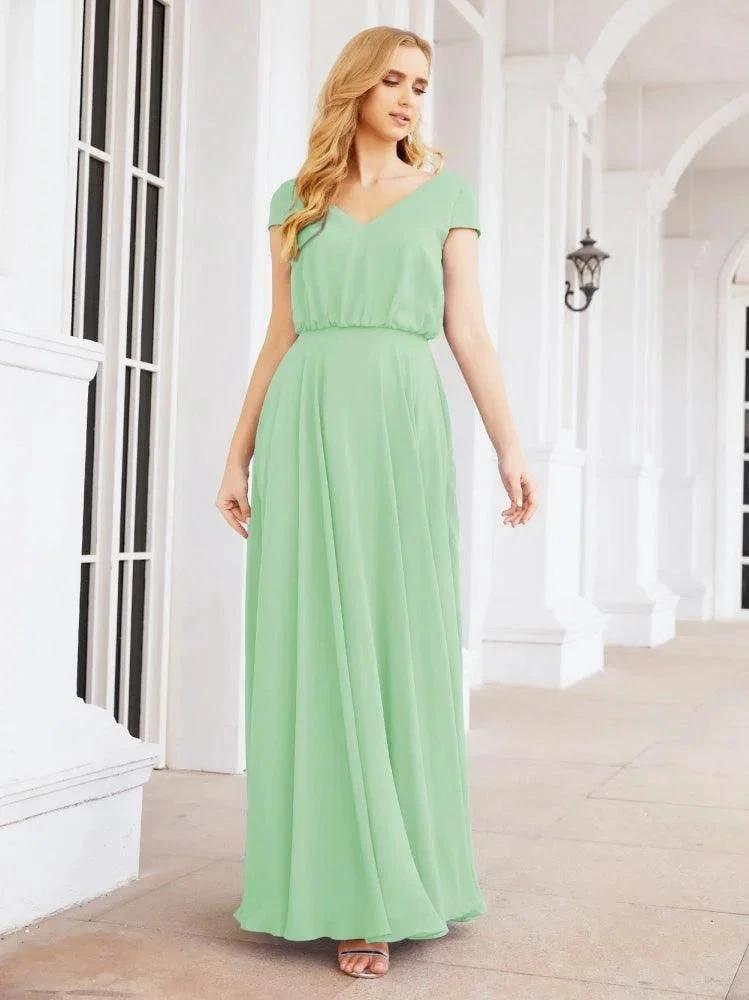 Numbersea V-Neck Bridesmaid Dresses Long Cap Sleeves Prom Evening Formal Gowns 28071 by numbersea