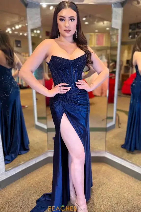 Gorgeous Gold Mermaid Strapless Long Beaded Prom Dress With High Slit