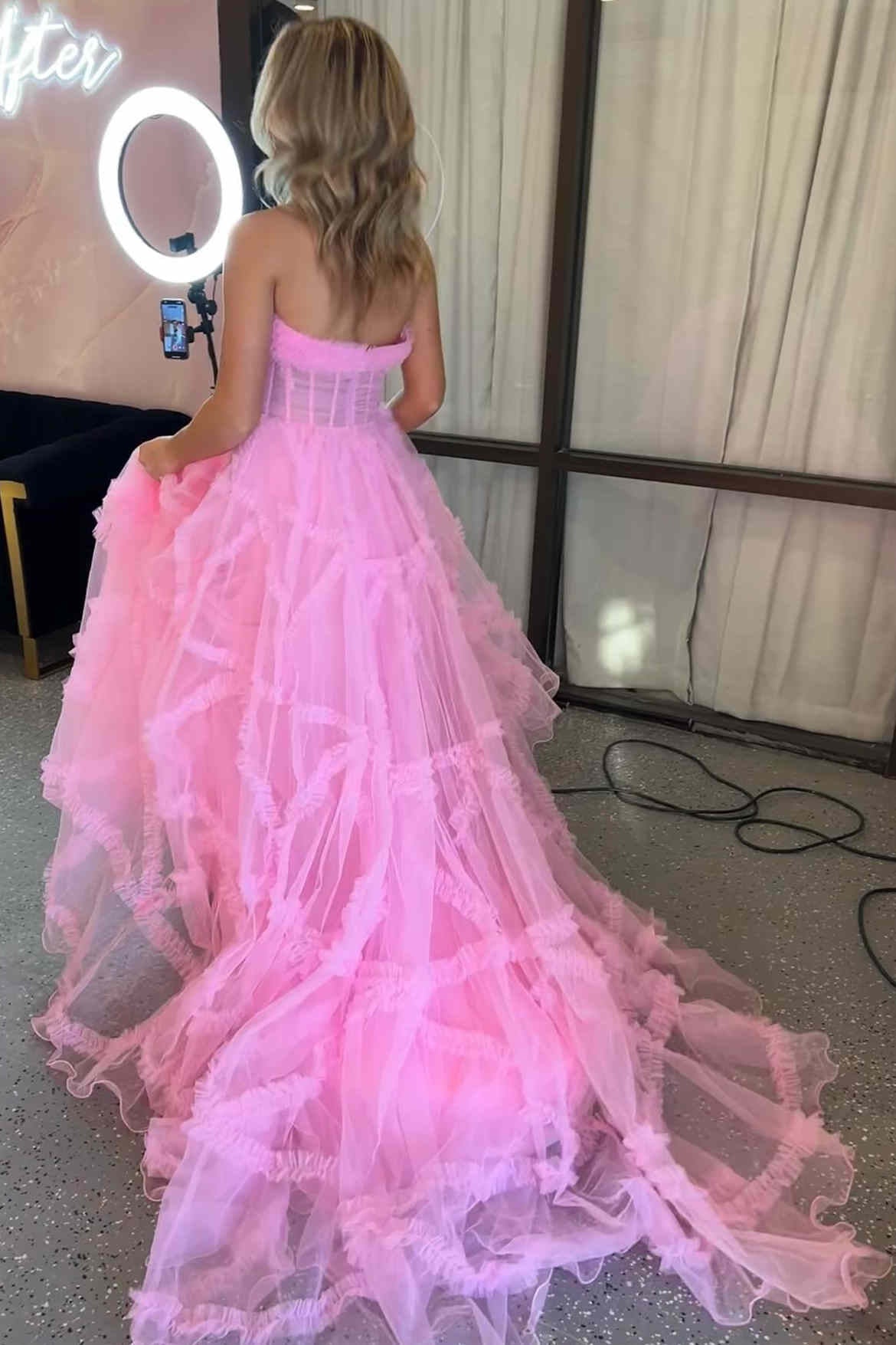 Stunning A Line Strapless Fuchsia Corset Prom Dress with Sweep Train - View 7 | VelvetHem