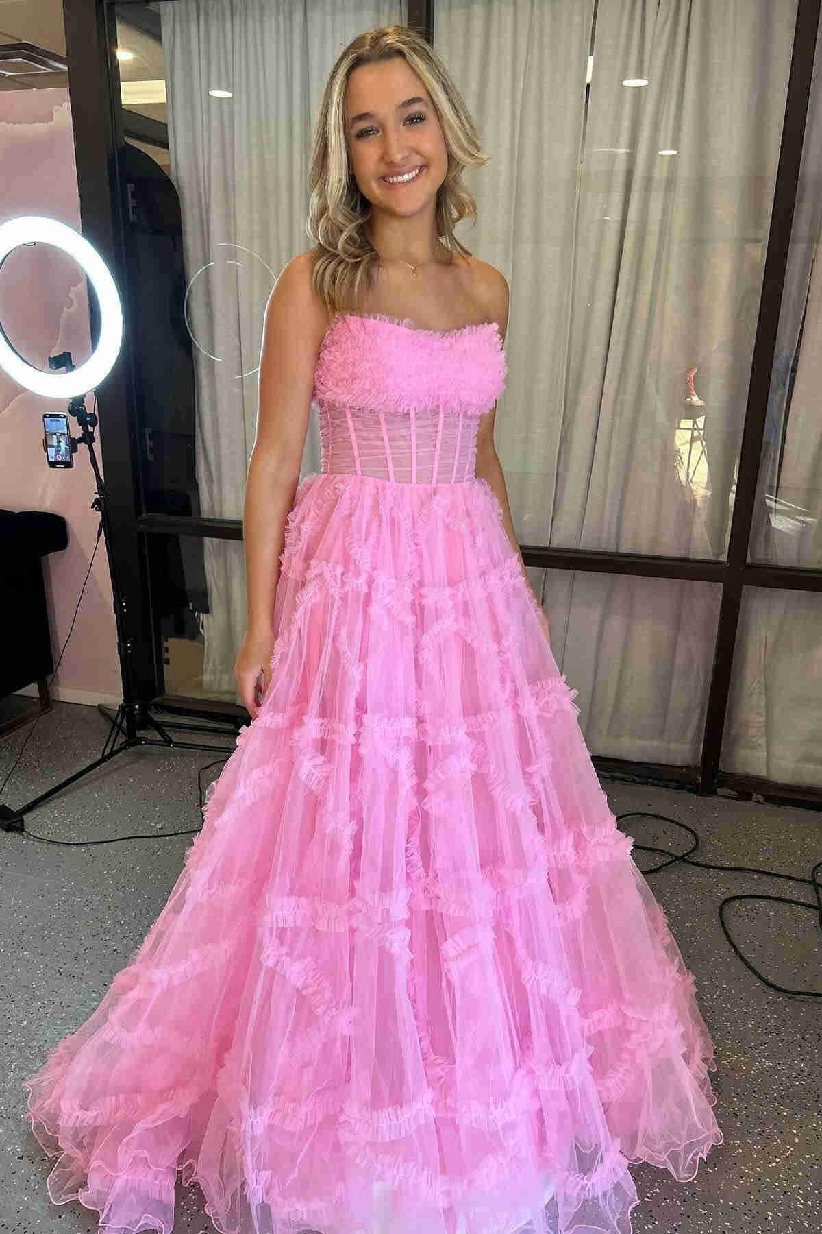 Stunning A Line Strapless Fuchsia Corset Prom Dress with Sweep Train - View 6 | VelvetHem