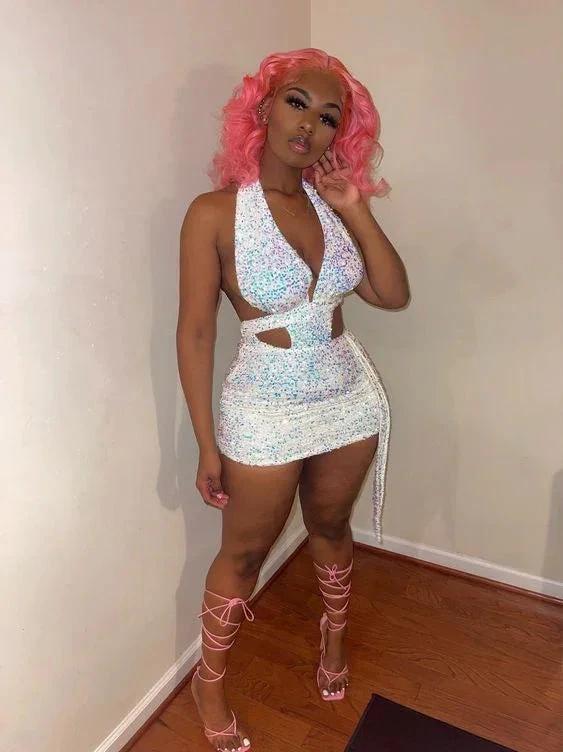 White Sequins Waist Cut Club Dress Sexy Halter Neckline Homecoming Dress 18th Birthday Outfit For Black Girls Y330 by simplepromdress