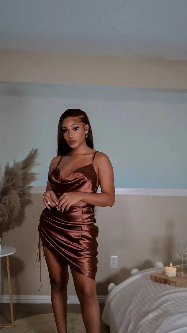 Brown Spaghetti Straps Silk Dress Sexy Homecoming Dress (ZD12557) - VelvetHem