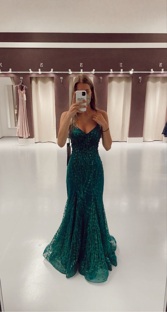 Mermaid V Neck Dark Green Prom Dress Stunning Evening Dress Y325 - VelvetHem