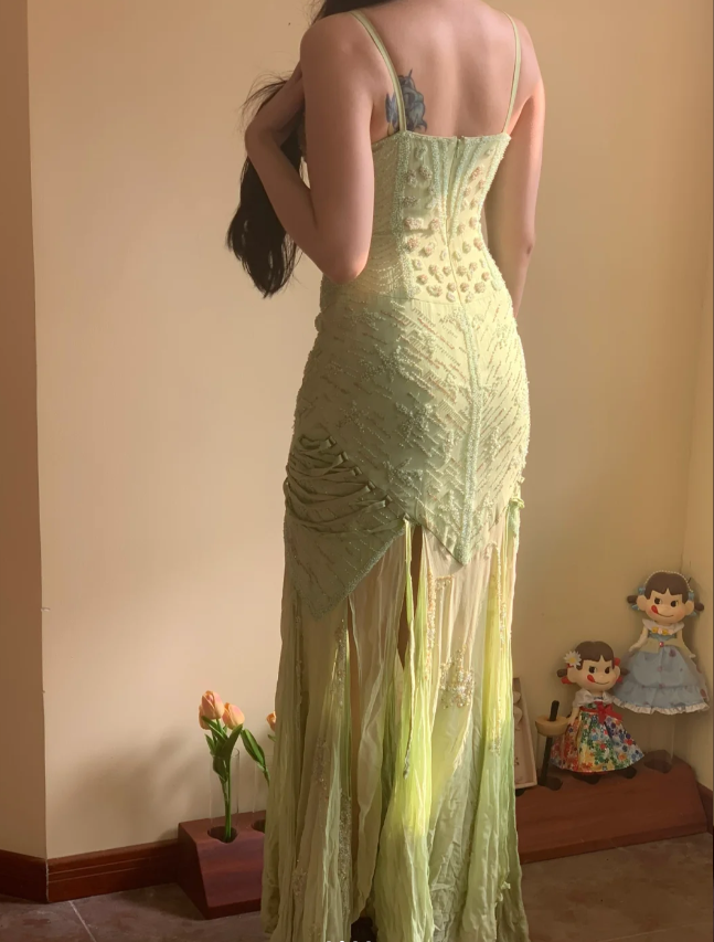 Beautiful Green Mermaid Beaded Embroidered Strappy Slit Chiffon Long Prom Dress Evening Dress