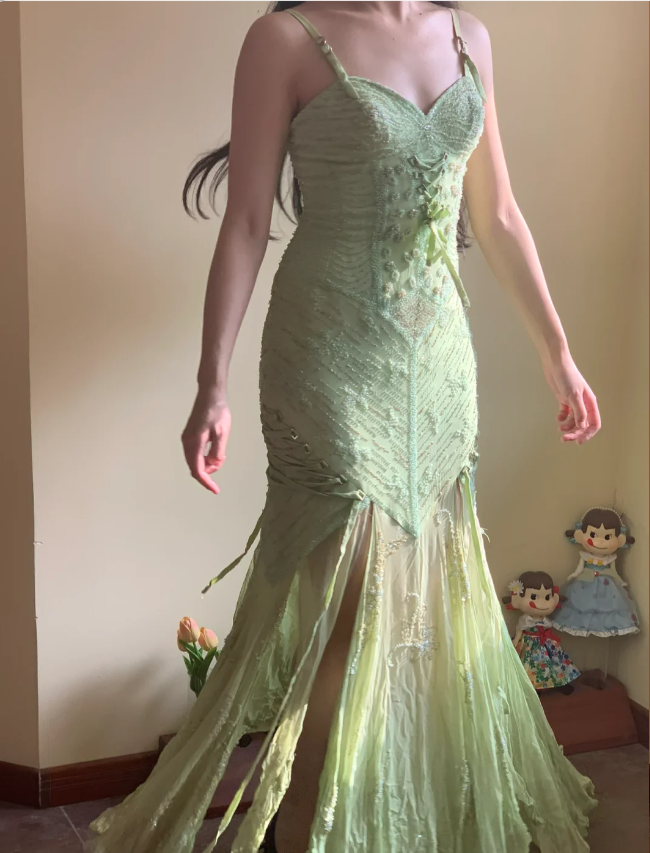 Beautiful Green Mermaid Beaded Embroidered Strappy Slit Chiffon Long Prom Dress Evening Dress