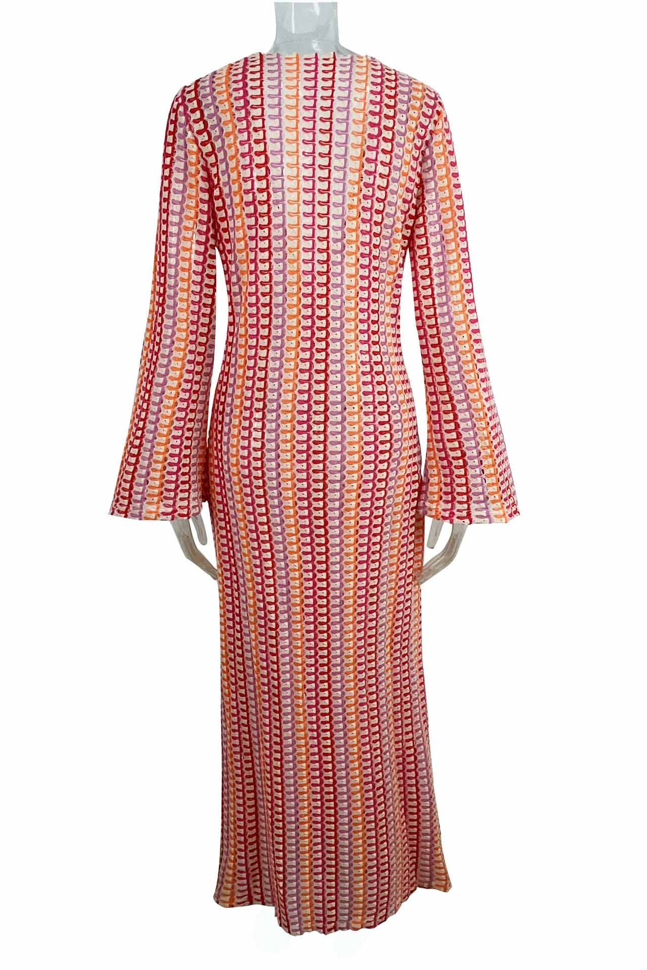 Pilar Chic Boho V Neck Bell Sleeve Maxi Dress, Wavy Striped Crochet Beach Holiday Dress Evening Wear Edit