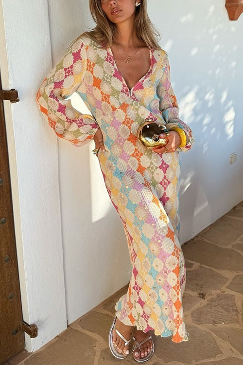 Adriana Premium V Neck Lantern Sleeves Geometric Print Maxi Dress Designer Edit