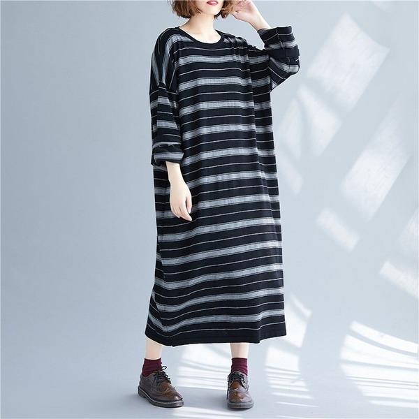 long sleeve knitted plus size vintage stripe women causal loose autumn winter Sweater dress