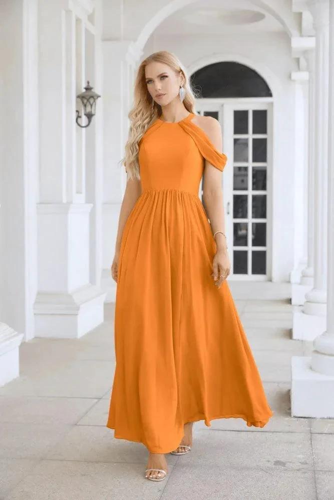 Ladies Chiffon Off Shoulder Swing Sleeve Front Slit Bridesmaid Evening Dress Wedding Party Evening Dress 28117 by numbersea