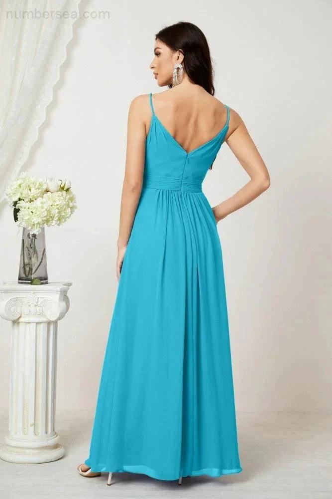 ZapDress Chiffon V-Neck Bridesmaid Dress Spaghetti Strap Long Formal Party Prom Gowns with Slit 28010 (ZD17028)