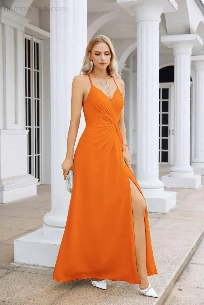 Ladies Chiffon Spaghetti Strap V Neck Front Slit Floor Length Bridesmaid Evening Dress Prom Party Wedding Evening Dress 28116 (ZD17012)