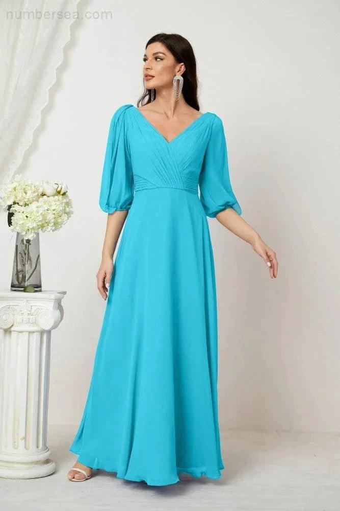 ZapDress Formal Prom Gown Women V-Neck Chiffon Bridesmaid Dresses Long Bishop Sleeve Party Dress 2807 (ZD17027)