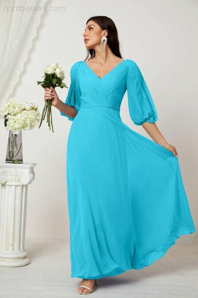 ZapDress Formal Prom Gown Women V-Neck Chiffon Bridesmaid Dresses Long Bishop Sleeve Party Dress 2807 (ZD17027)
