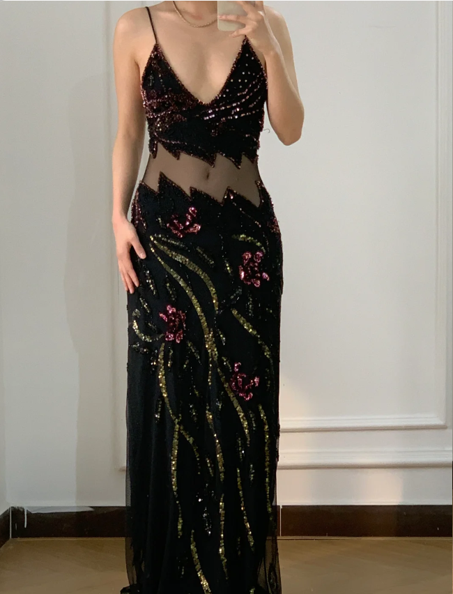 Vintage Black Mermaid Beaded Sequined Floral Cutout Tulle Long Prom Dress Evening Dress