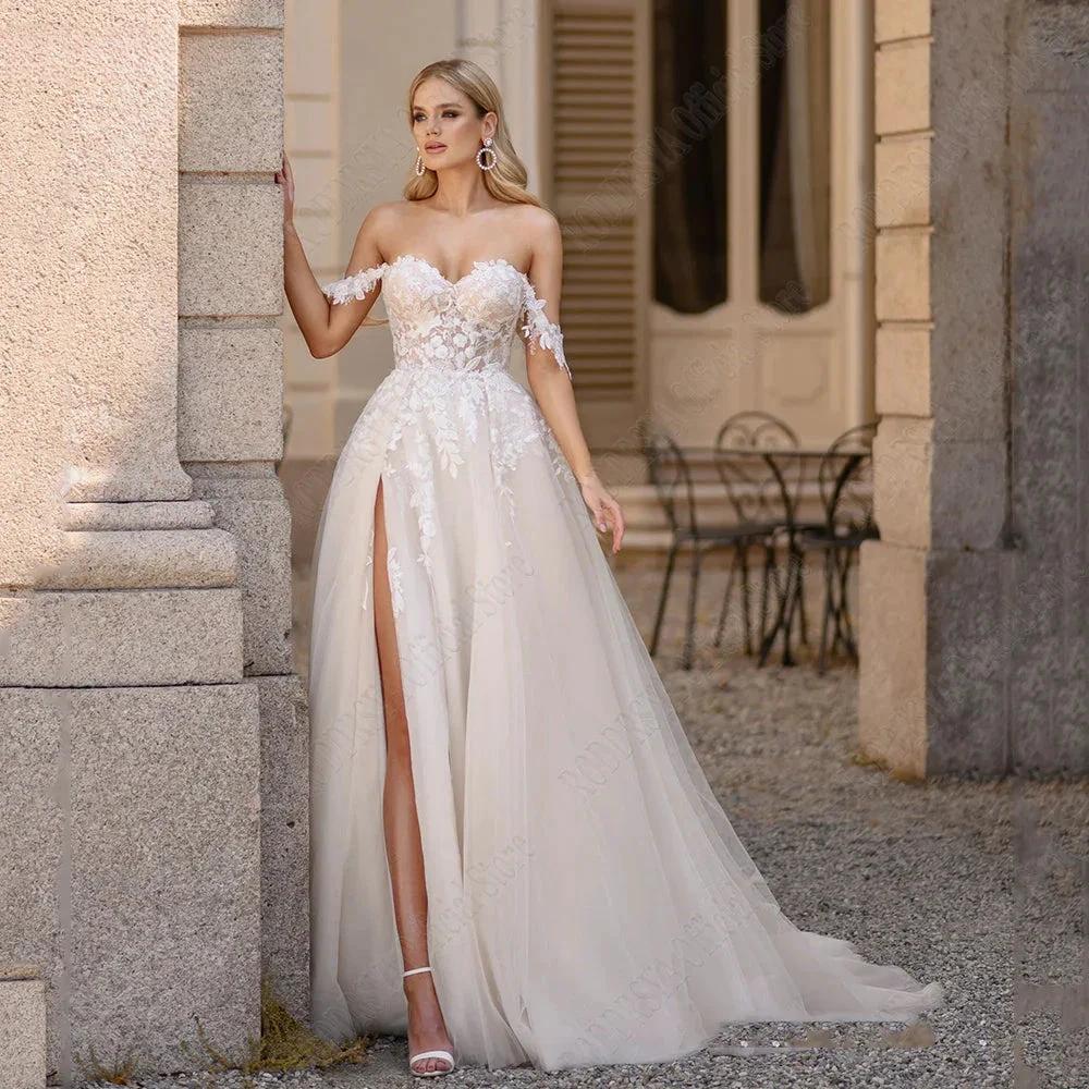 Light Champagne Pastrol Wedding Dresses Off Shoulder Sweetheart Bride Gowns Side Split A-Line Tulle Vestido De Novia (ZD13391)