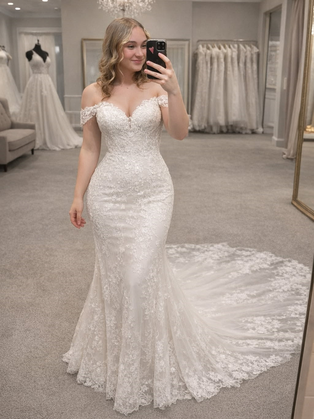 Lace Mermaid Off-the-Shoulder Romantic Wedding Dress With Chapel Train - VelvetHem