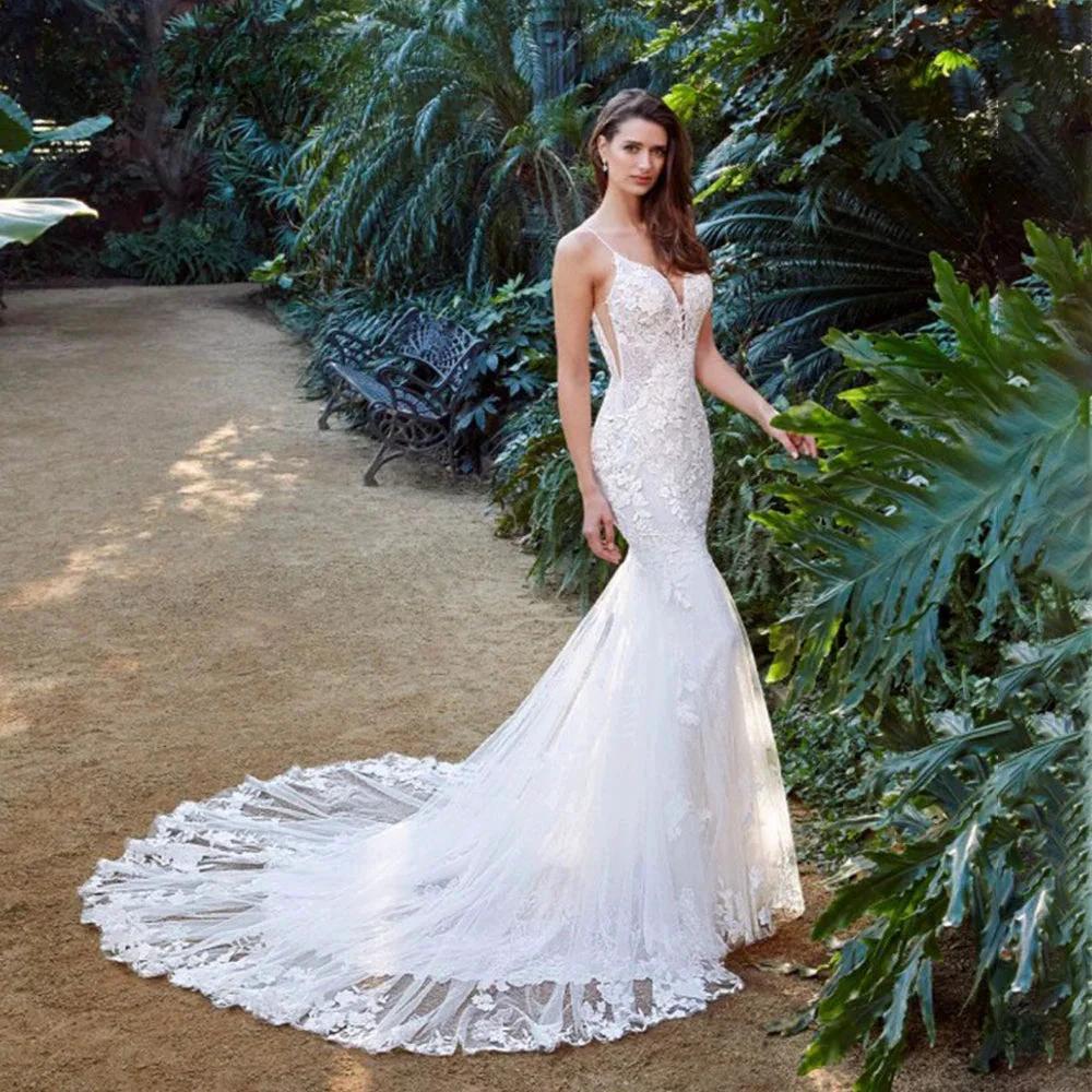 Charming V-neck Brides Wedding Dresses Mermaid Spaghetti Straps Lace Appliques Backless Suknia Slubna Made To Order (ZD13448) - VelvetHem