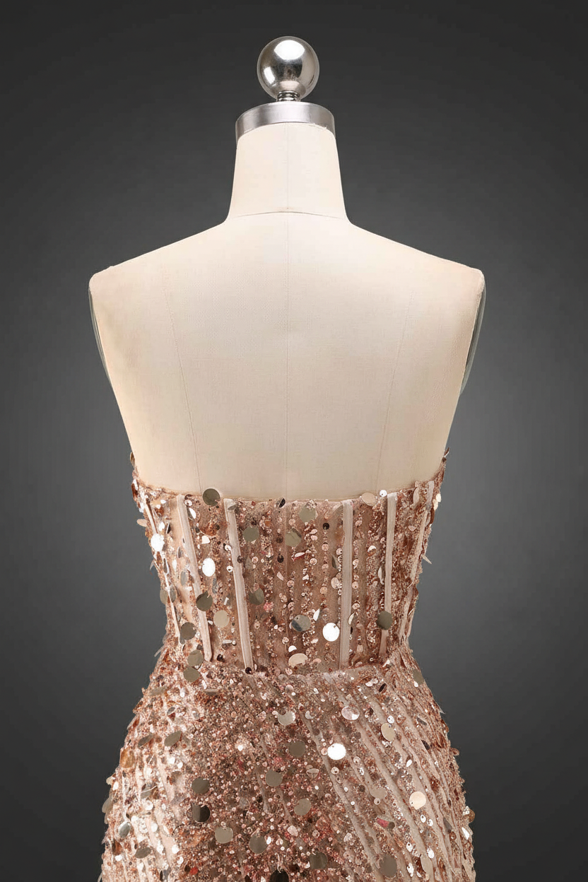 Sparkly Gold Mermaid Sequins Sweetheart Long Corset Prom Dress with Slit (ZD17394)