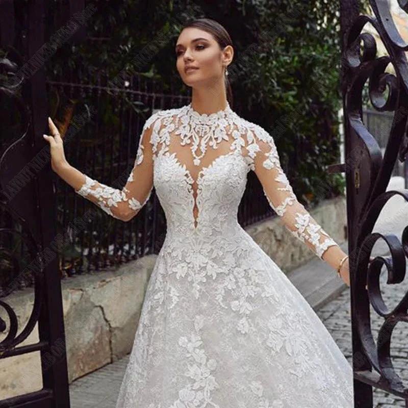 Wedding Dresses For Bride Long Sleeves Luxury Lace Backless High Neck Bridal Gown Appliques Vestidos De Boda (ZD13445)