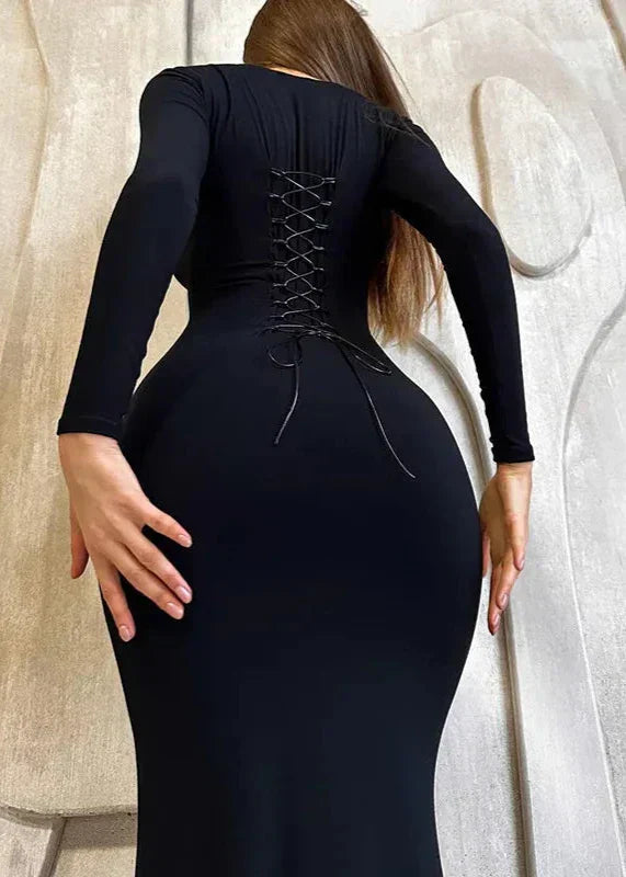 Black Slim Fit Lace Up Backless Long Sleeve Dress