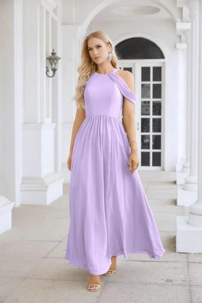 Ladies Chiffon Off Shoulder Swing Sleeve Front Slit Bridesmaid Evening Dress Wedding Party Evening Dress 28117 by numbersea