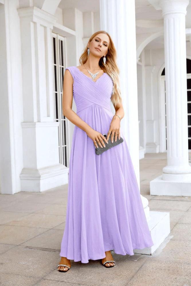 Ladies Chiffon V Neck Sleeveless Floor Length Bridesmaid Evening Dress Wedding Party Evening Dress 28126 by numbersea